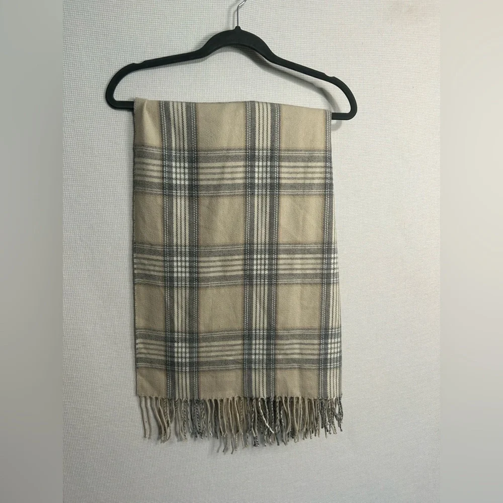 J. Crew mercantile beige grey & white plaid scarf